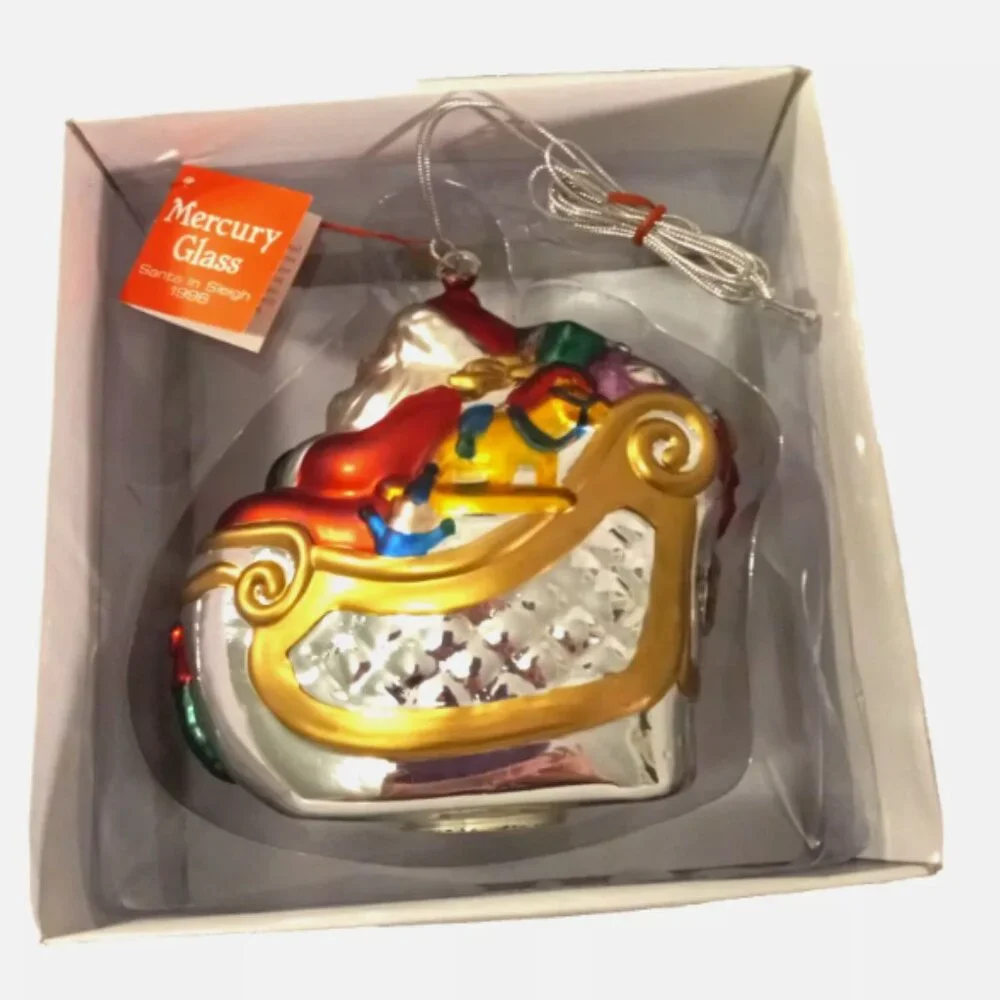 Vintage Mercury Glass Santa in Sleigh Ornament Handblown IOB Retired Limited